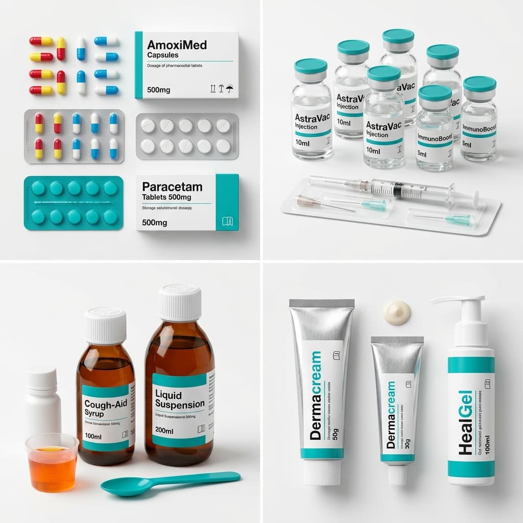 Pharmaceutical product categories — tablets, injectables, syrups and dermatology